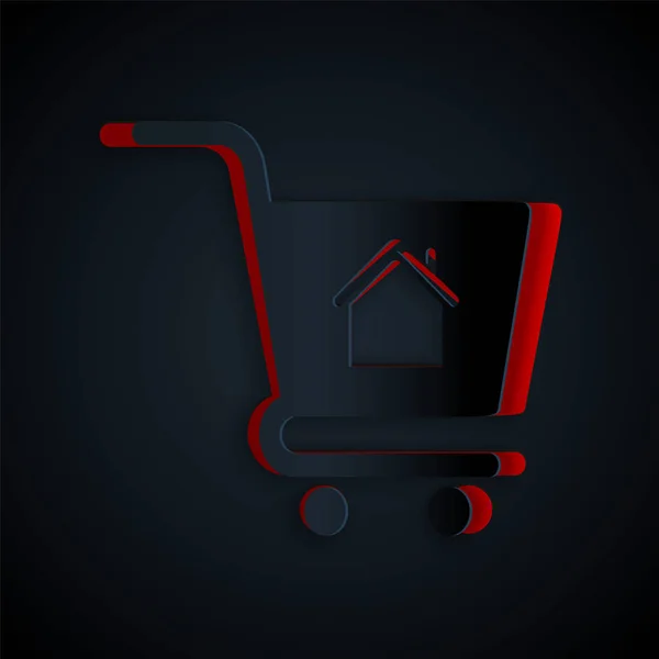 Paper Cut Shopping Cart House Icon Isolated Black Background Buy — ストックベクタ