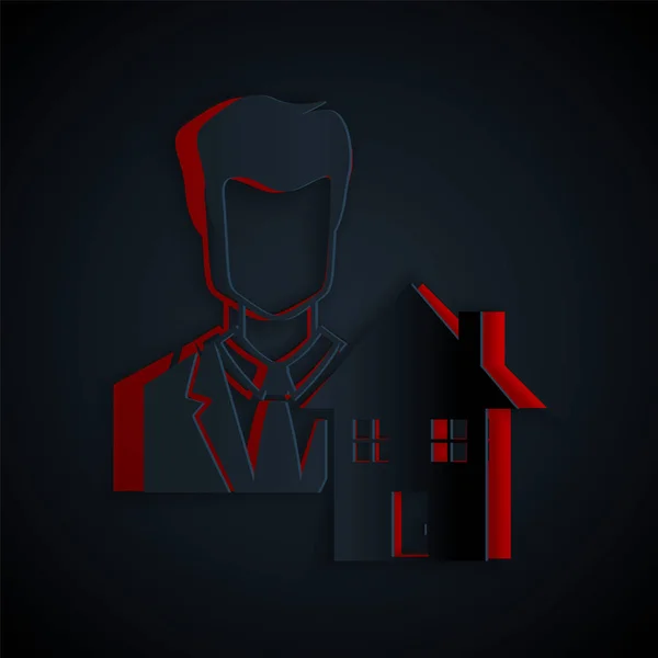 Papier Gesneden Realtor Pictogram Geïsoleerd Zwarte Achtergrond Een Huis Kopen — Stockvector