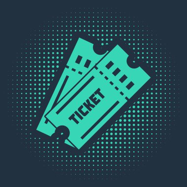 Yeşil Bilet simgesi mavi arkaplanda izole edildi. Soyut çember rastgele noktalar. Vektör İllüstrasyonu