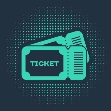 Yeşil Bilet simgesi mavi arkaplanda izole edildi. Soyut çember rastgele noktalar. Vektör İllüstrasyonu
