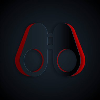 Kağıt kesiği Dürbün simgesi siyah arkaplanda izole edilmiş. Yazılım işareti bul. Casus ekipman sembolü. Kağıt sanatı tarzı. Vektör İllüstrasyonu