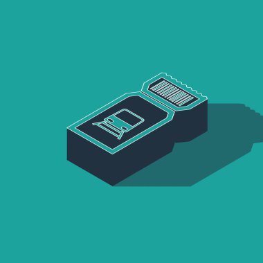 Isometric Tren bileti ikonu yeşil arka planda izole edildi. Demiryolu ile seyahat et. Vektör İllüstrasyonu