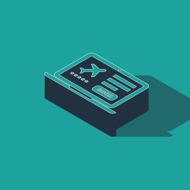 Yeşil arka planda elektronik uçuş kartı olan Isometric Laptop. Web ve uygulama için yolcu uçağı bileti. Vektör İllüstrasyonu