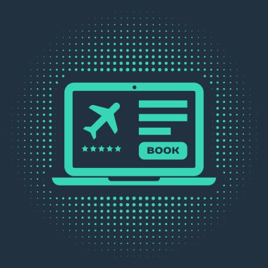 Elektronik geçiş kartı olan yeşil dizüstü bilgisayar mavi arka planda izole edilmiş. Web ve uygulama için yolcu uçağı bileti. Soyut çember rastgele noktalar. Vektör İllüstrasyonu