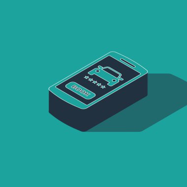 Isometric Çevrimiçi araba paylaşım simgesi yeşil arkaplanda izole edildi. Çevrimiçi araba kiralama servisi. Cep telefonu için online rezervasyon tasarımı konsepti. Vektör İllüstrasyonu