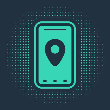 Şehir haritası yön bulma simgesinin yeşil bilgileri mavi arkaplanda izole edildi. Mobil Uygulama Arayüzü tasarımı. Coğrafi konsept. Soyut çember rastgele noktalar. Vektör İllüstrasyonu