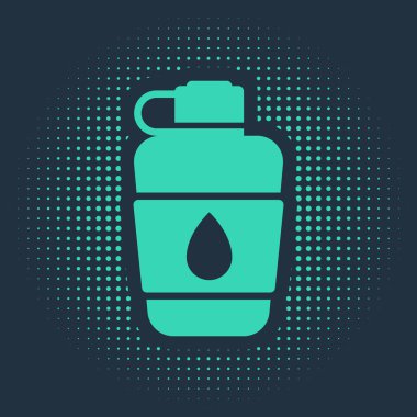 Mavi arka planda yeşil kantin su şişesi simgesi izole edildi. Turist matarası ikonu. Kampanyada bir kavanoz su kullanıldı. Soyut çember rastgele noktalar. Vektör İllüstrasyonu