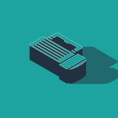 Isometric Flashlight icon isolated on green background. Tourist flashlight handle.  Vector Illustration