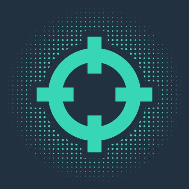 Çekim yarışması ikonu için yeşil hedef sporu mavi arka planda izole edildi. Atış mesafesi ya da atış mesafesi için sayıları olan temiz bir hedef. Soyut çember rastgele noktalar. Vektör İllüstrasyonu