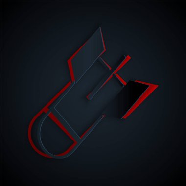 Kağıt kesiği Havacılık bomba ikonu siyah arka planda izole edildi. Roket bombası düşüyor. Kağıt sanatı tarzı. Vektör İllüstrasyonu