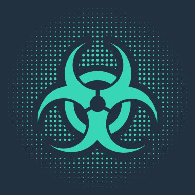 Yeşil Biyolojik Tehlike sembolü mavi arkaplanda izole edilmiş. Soyut çember rastgele noktalar. Vektör İllüstrasyonu