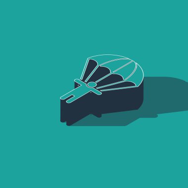 Isometric Paraşüt ve siluet kişi simgesi yeşil arkaplanda izole edildi. Vektör İllüstrasyonu