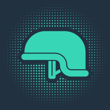 Mavi arka planda yeşil askeri miğfer simgesi izole edildi. Ordu şapkasının savunma ve koruma sembolü. Koruyucu şapka. Soyut çember rastgele noktalar. Vektör İllüstrasyonu