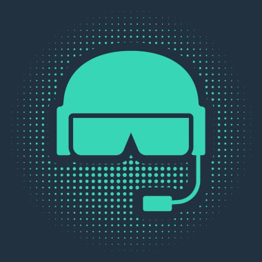 Mavi arka planda yeşil askeri miğfer simgesi izole edildi. Ordu şapkasının savunma ve koruma sembolü. Koruyucu şapka. Soyut çember rastgele noktalar. Vektör İllüstrasyonu