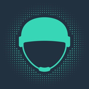 Mavi arka planda yeşil askeri miğfer simgesi izole edildi. Ordu şapkasının savunma ve koruma sembolü. Koruyucu şapka. Soyut çember rastgele noktalar. Vektör İllüstrasyonu