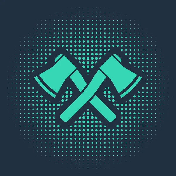 Ikona Zelené Zkřížené Dřevěné Sekery Izolované Modrém Pozadí Dřevorubec Sekera — Stockový vektor