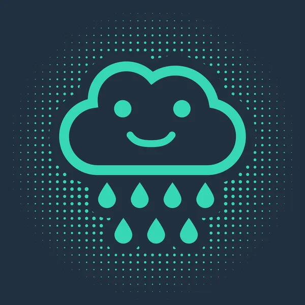 Green Cloud with rain icon isolated on blue background. Rain cloud precipitation with rain drops. Abstract circle random dots. Vector Illustration