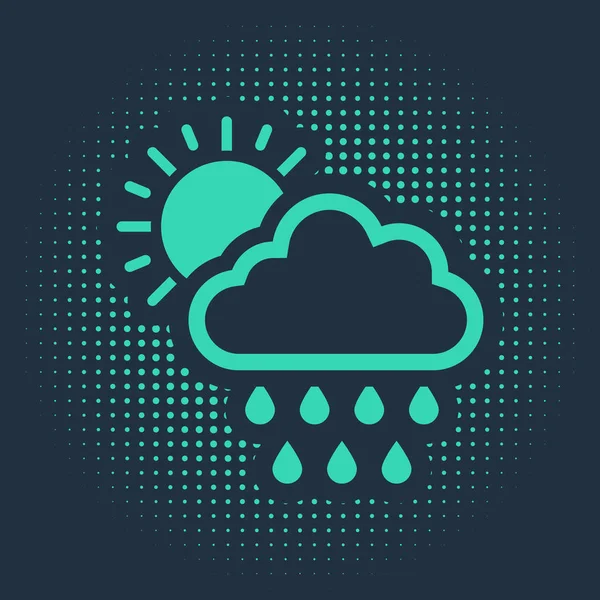 Green Cloud with rain and sun icon isolated on blue background. Rain cloud precipitation with rain drops. Abstract circle random dots. Vector Illustration