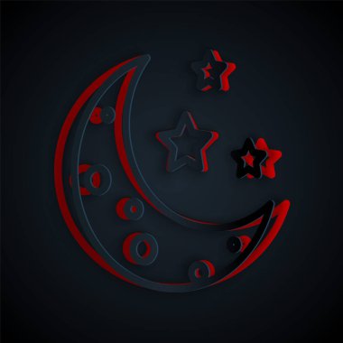 Kağıt kesiği Ay ve siyah arkaplanda izole edilmiş yıldız simgesi. Kağıt sanatı tarzı. Vektör İllüstrasyonu