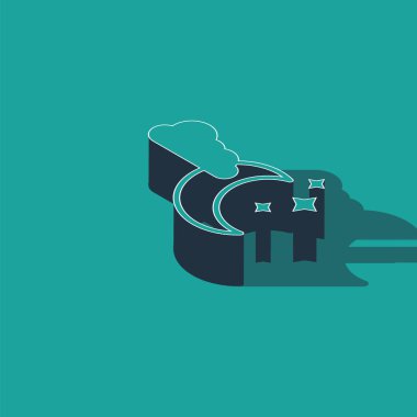 Yeşil arka planda izole edilmiş ay ve yıldız ikonlu Isometric Cloud. Bulutlu gece işareti. Uyku rüyalarının sembolü. Gece ya da yatak zamanı tabelası. Vektör İllüstrasyonu