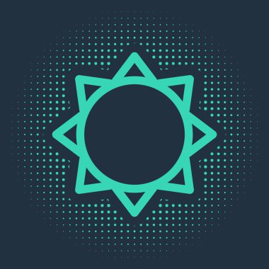 Yeşil Güneş simgesi mavi arkaplanda izole edildi. Soyut çember rastgele noktalar. Vektör İllüstrasyonu