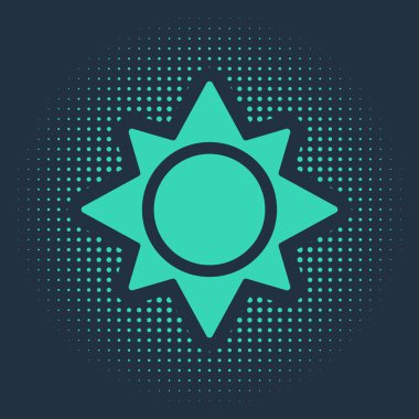 Yeşil Güneş simgesi mavi arkaplanda izole edildi. Soyut çember rastgele noktalar. Vektör İllüstrasyonu