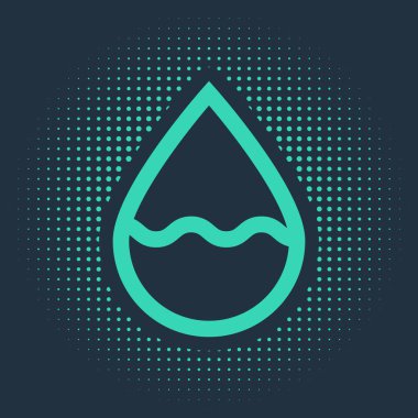 Mavi arkaplanda yeşil su damlası simgesi izole edildi. Soyut çember rastgele noktalar. Vektör İllüstrasyonu