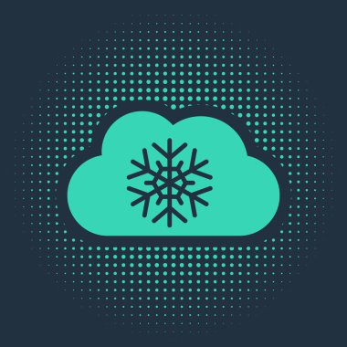 Mavi arka planda kar ikonu olan Yeşil Bulut. Kar taneli bulut. Tek hava ikonu. Kar tabelası. Soyut çember rastgele noktalar. Vektör İllüstrasyonu