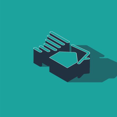 Isometric Tornado girdabı yeşil arka planda izole edilmiş çatı simgesine zarar veriyor. Kasırga, kasırga, fırtına bacası, kasırga rüzgar ikonu. Vektör İllüstrasyonu