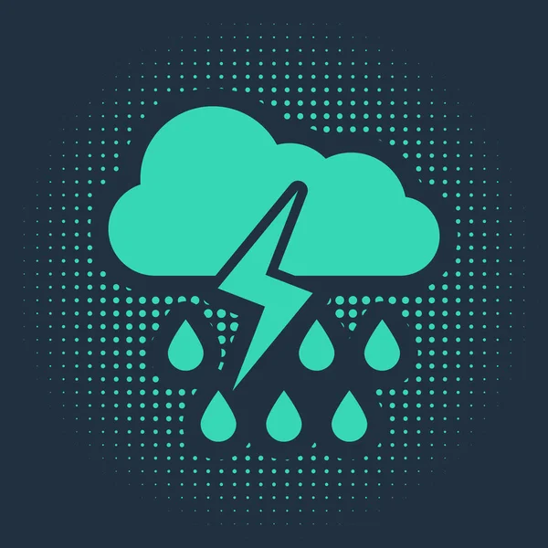 Green Cloud with rain and lightning icon isolated on blue background. Rain cloud precipitation with rain drops.Weather icon of storm. Abstract circle random dots. Vector Illustration