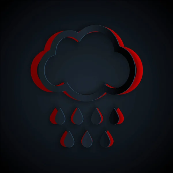 Paper cut Cloud with rain icon isolated on black background. Rain cloud precipitation with rain drops. Paper art style. Vector Illustration