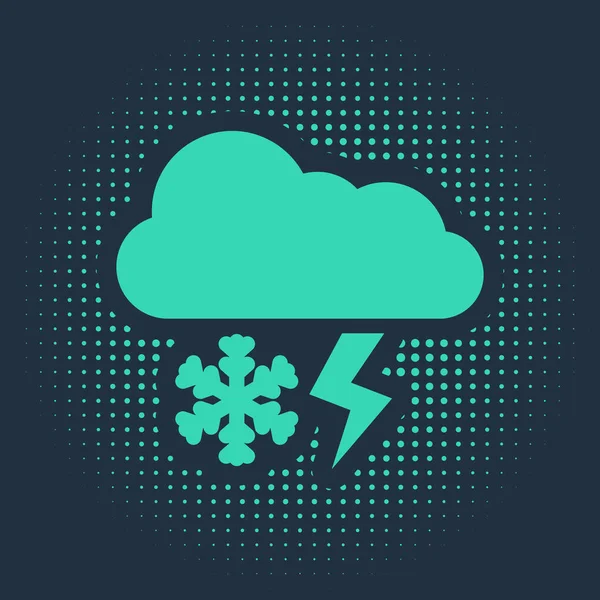 Grüne Wolke Mit Schnee Und Blitz Symbol Isoliert Auf Blauem — Stockvektor