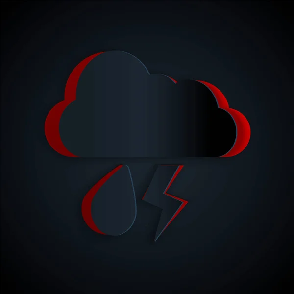 Paper cut Cloud with rain and lightning icon isolated on black background. Rain cloud precipitation with rain drops.Weather icon of storm. Paper art style. Vector Illustration