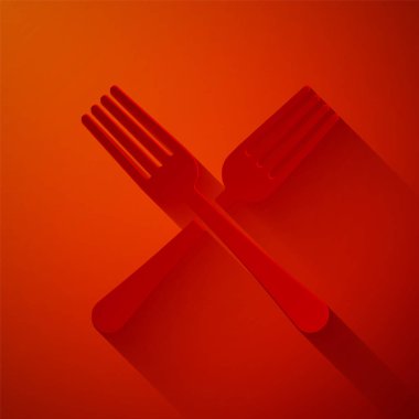 Kağıt kesikli çatal simgesi kırmızı arkaplanda izole edildi. Çatal bıçak sembolü. Kağıt sanatı tarzı. Vektör İllüstrasyonu