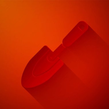 Kağıt kesiği bahçe küreği veya kırmızı arkaplanda izole edilmiş kürek ikonu. Bahçe aletleri. Bahçecilik, tarım, çiftçilik aleti. Kağıt sanatı tarzı. Vektör İllüstrasyonu