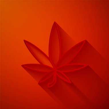Kağıt kesiği Tıbbi marihuana veya kenevir yaprağı ikonu kırmızı arka planda izole edilmiş. Kenevir sembolü. Kağıt sanatı tarzı. Vektör İllüstrasyonu