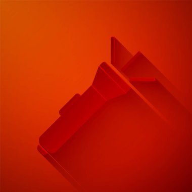 Kağıt kesiği El feneri simgesi kırmızı arkaplanda izole edildi. Kağıt sanatı tarzı. Vektör İllüstrasyonu