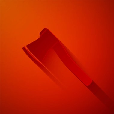 Kağıt kesiği ahşap balta simgesi kırmızı arkaplanda izole edilmiş. Oduncu baltası. Kağıt sanatı tarzı. Vektör İllüstrasyonu