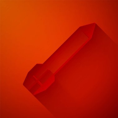 Kağıt kesiği Roket simgesi kırmızı arkaplanda izole edildi. Kağıt sanatı tarzı. Vektör İllüstrasyonu