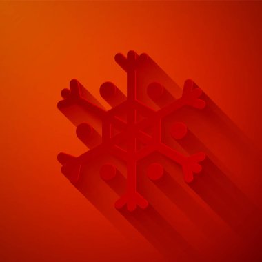 Kağıt kesiği Kar Tanesi simgesi kırmızı arkaplanda izole edildi. Kağıt sanatı tarzı. Vektör İllüstrasyonu