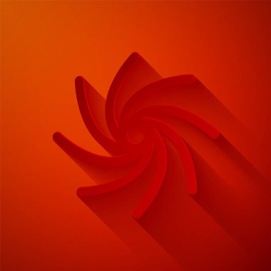 Kağıt kesiği Tornado simgesi kırmızı arkaplanda izole edildi. Kasırga, kasırga, fırtına bacası, kasırga ya da hortum ikonu. Kağıt sanatı tarzı. Vektör İllüstrasyonu