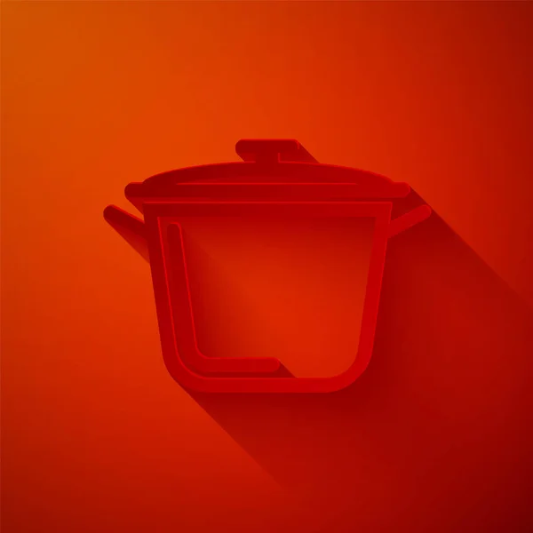 Papier Gesneden Koken Pot Pictogram Geïsoleerd Rode Achtergrond Kook Stoofpot — Stockvector