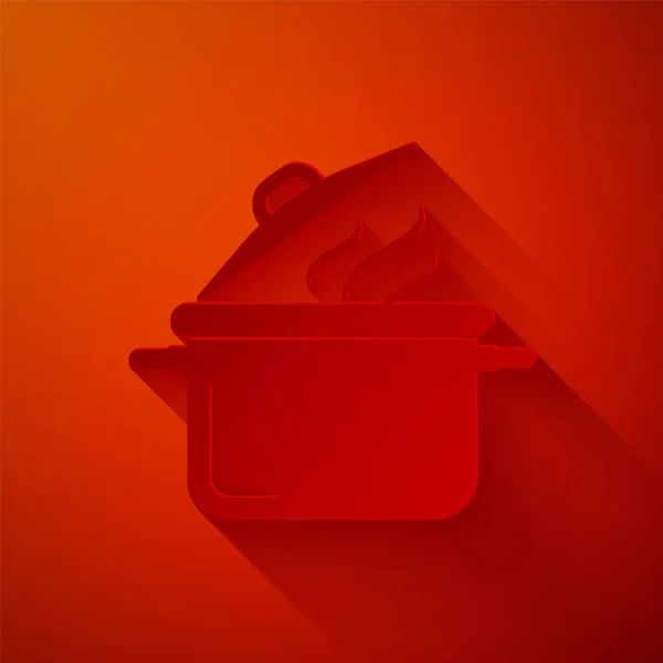 Paper Cut Cooking Pot Icon Isolated Red Background Boil Stew — 图库矢量图片
