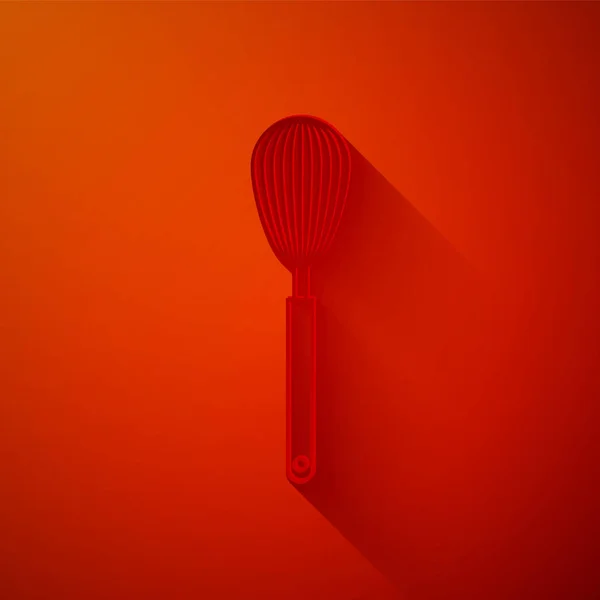 ペーパーカット赤い背景に隔離されたキッチン泡立て器アイコン 調理器具 卵の熱 かわいいサインだフードミックスのシンボル 紙のアートスタイル ベクターイラスト — ストックベクタ