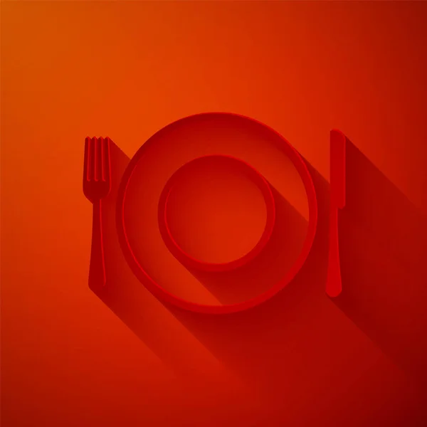 Paper Cut Plate Fork Knife Icon Isolated Red Background Cutlery — Stock Vector