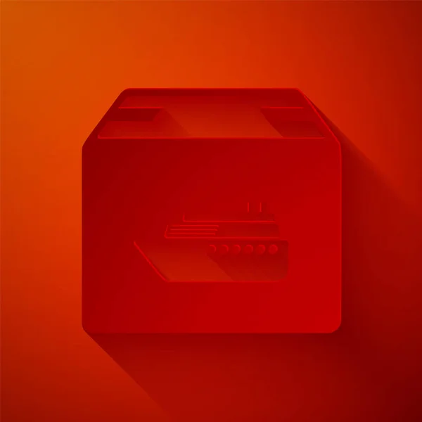 Paper cut Cargo ship with boxes delivery service icon isolated on red background. Delivery, transportation. Freighter with parcels, boxes, goods. Paper art style. Vector Illustration