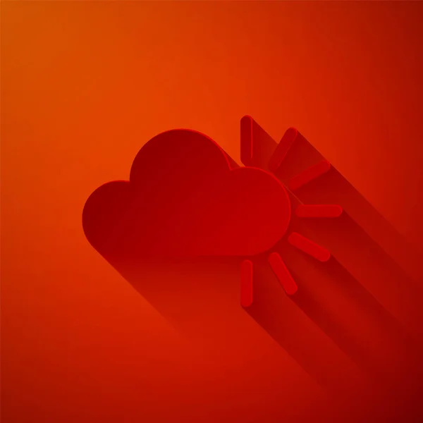 Paper Cut Cloudy Icon Isolated Red Background Paper Art Style — Stock Vector