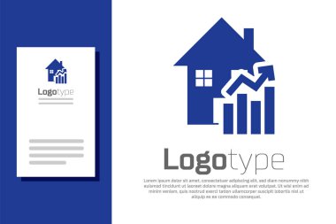 Konut simgesinin Mavi Yükselen maliyeti beyaz arkaplanda izole edildi. Gayrimenkul fiyatları yükseliyor. Konut grafiği artıyor. Logo tasarım şablonu elemanı. Vektör İllüstrasyonu