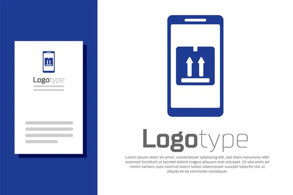 Blaues Mobiltelefon mit App-Tracking-Symbol auf weißem Hintergrund. Paketverfolgung. Logo Design Template-Element. Vektorillustration — Stockvektor