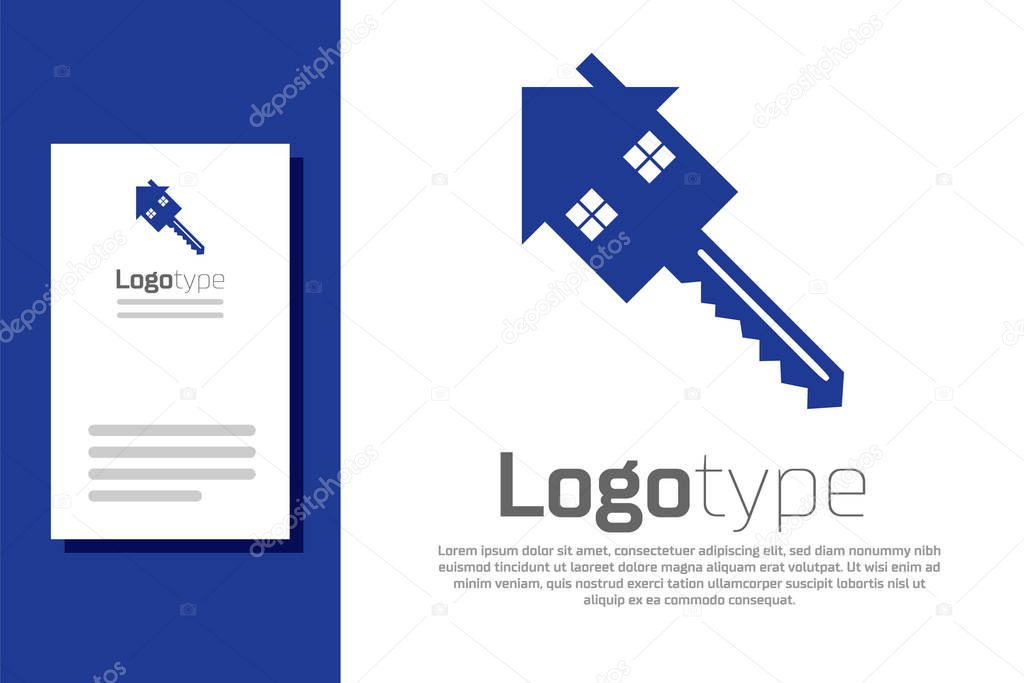 Blue House with key icon isolated on white background. The concept of the house turnkey. Logo design template element. Vector Illustration